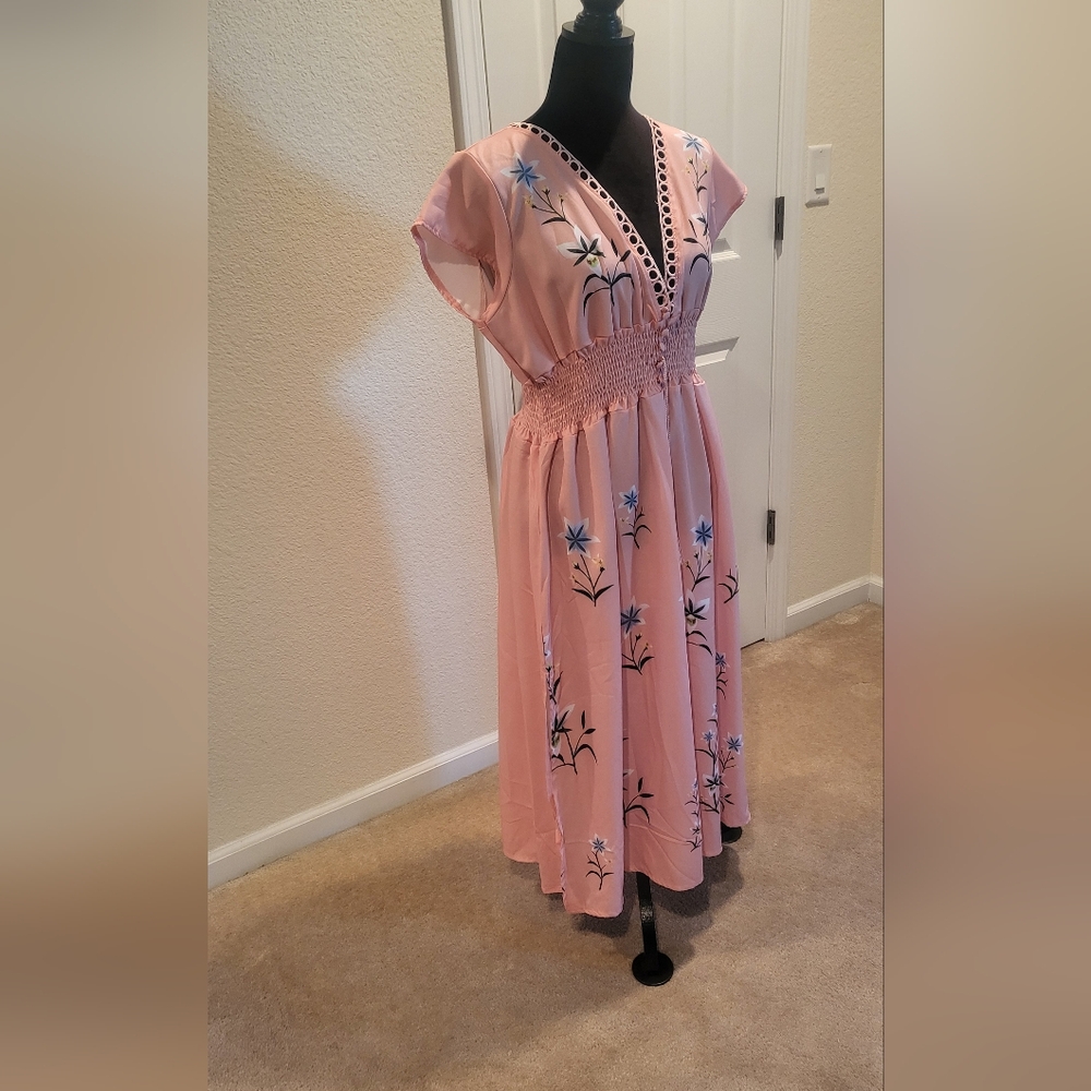 Pink Empire Waist Midi Sundress with Flutter Sleeves